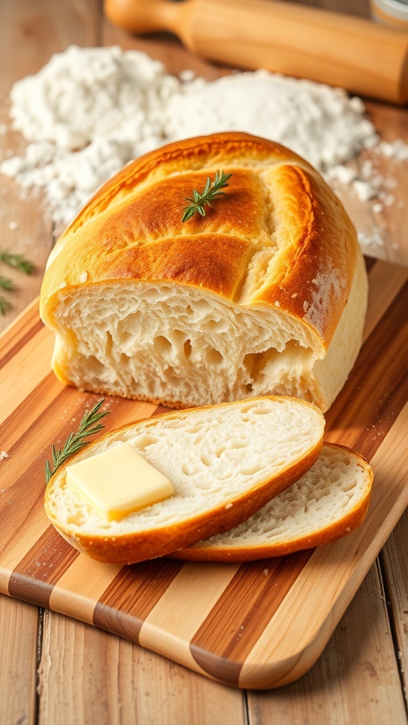 A golden-brown loaf of freshly baked bread sliced on a cutting board with butter and herbs.